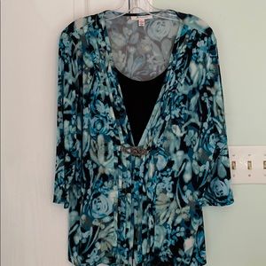 Teal Floral and Black 1 Piece Blouse